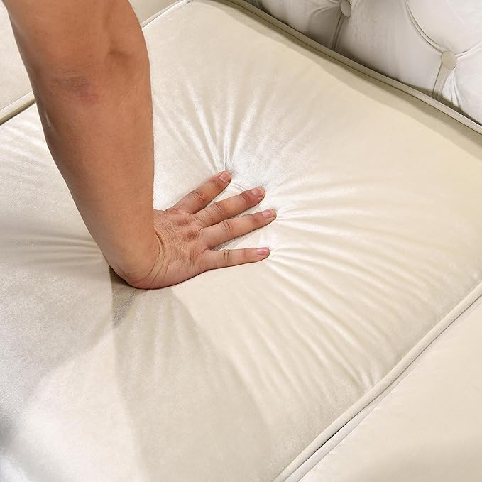 KEIKI 81" Luxury Oversized Velvet Chesterfield Sofa with Gold Stainless Decoration, Mid-Century Style 3-Seater Couch with Tufted Back and Rolled Arms, Easy Assembly, for Apartment, Living Room, Beige