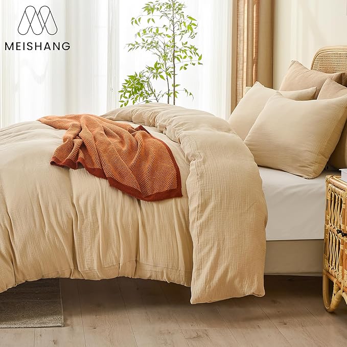MEISHANG Muslin Duvet Cover King Size - 100% Organic Cotton, Soft Textured Gauze Weave Comforter Cover for Breathable All-Season with Zipper Closure - 3 Piece Set (King, Linen)
