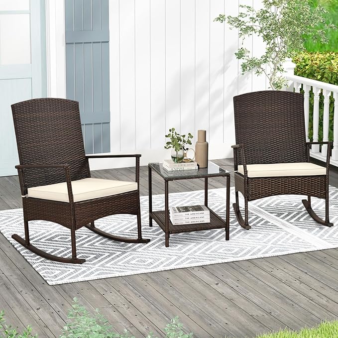 Tangkula 3 Pieces Rocking Wicker Bistro Set, Outdoor Front Porch Rocker Chairs Conversation Set with 2-Tier Tempered Glass Coffee Table and Thick Cushions for Garden, Balcony, Poolside (Off White)