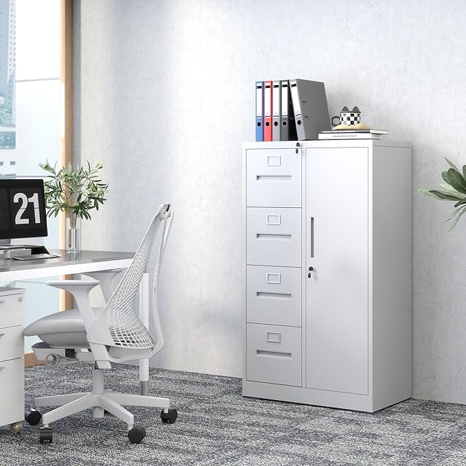 Locking File Cabinet with 4 Drawers and 1 Door,White Metal Storage Locker Cabinets for Employees,Home Office Filing Cabinets for Legal/Letter Size Files, Assembly Required