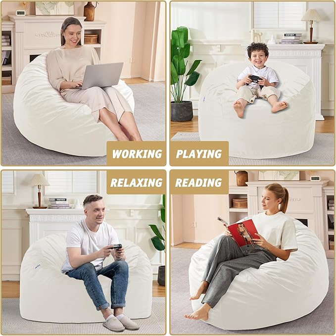 3FT Bean Bag Chair with Ultra Soft Velvet Cover Bean Bag Sofa with Memory Foam Bean Bag Chairs with Large Size Lazy Sofa for Dorm Office Living Room Bedroom Off White 3'