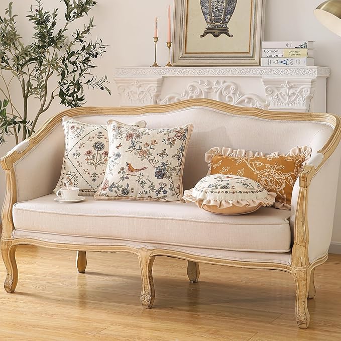 Design Square Floral Bird Linen Throw Pillow Covers 18"x18" Pack of 2, Yellow Pink Cushion Covers with Flower Chinese Hwamei Decor Pillowcases for Bed,Living Room,Outdoor,Car