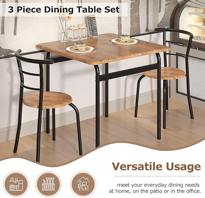 VECELO 3 Piece Dining Table & Chairs Set for 2, Metal and Wooden Square Kitchen Dinette Set for Small Space, Breakfast Nook, Saving Space, Brown
