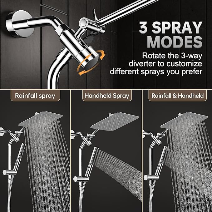 Veken Shower Head, 10'' Luxury All Metal Rain Shower Heads with Handheld Spray Combo, Hand Held Bathroom Combo with Adjustable Extension Arm, Bathroom Accessories, Dual Rainfall Showerhead Chrome
