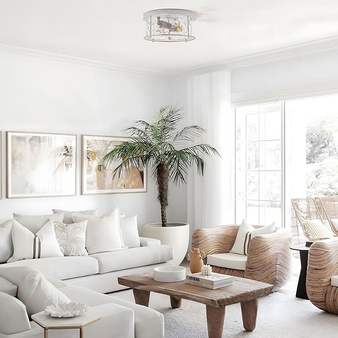 LamQee Flush Mount Ceiling Light with Clear Hammered Glass, Industrial 2-Lights Farmhouse Close to Ceiling Light Fixtures Round Low Profile for Kitchen Hallway Foyer Entrance Bedroom Rustic White