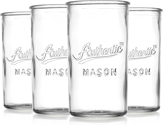 Glaver's Drinking Glasses – Set of 4 Authentic Mason Vintage Glassware – Clear Glass Tumblers for Cocktails, Water, Juice – Embossed Vintage Drinking Glasses (Highball 18 oz 7983)