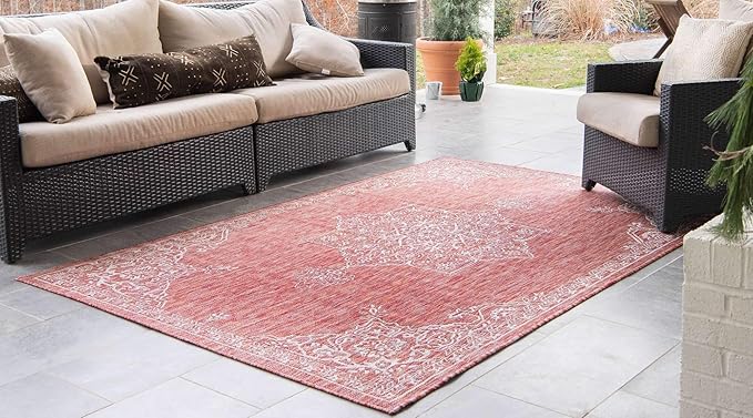 Unique Loom Outdoor Traditional Collection Area Rug - Antique (9' x 12' 2" Rectangle, Rust Red/ Gray)