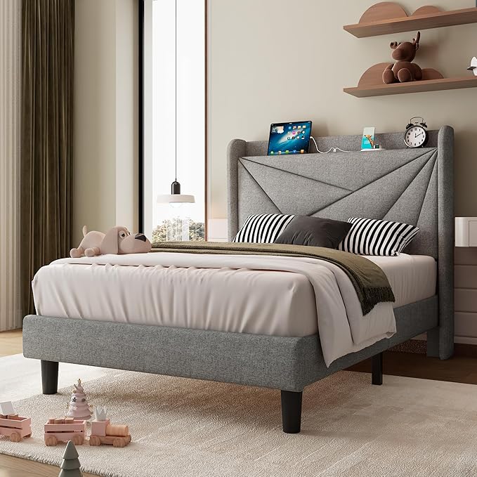 iPormis Twin Size Bed Frame with Charging Station, Linen Platform Bed Frame with Wingback Headboard Upholstered Bedframe, Solid Wood Slats Support, No Box Spring Needed, Easy Assembly, Light Grey