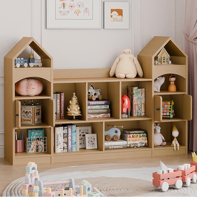 Vabches Castle Shape Children's Bookshelf, Kids Bookcase Display Case Kids Toy Storage Organizer Multifunctional Storage Cabinet Bookshelf Suitable for Playroom, Children's Room, Living Room, Oak