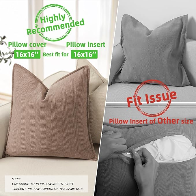 ZWJD Khaki Pillow Covers 16x16 Set of 2 Chenille Throw Pillow Covers with Elegant Design Soft and Luxurious Decorative Throw Pillows for Couch, Bed, and Home Decor