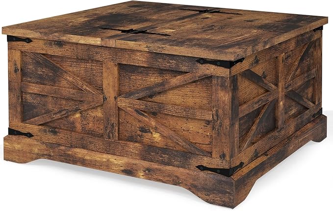 oneinmil Farmhouse Coffee Table with Storage Organizer, Square Coffee Tables with Large Storage Space, Center Table for Living Room, Bedroom, Home Office, Rustic Brown
