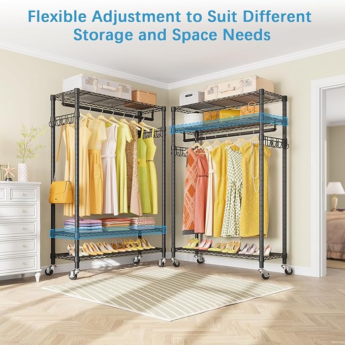 VIPEK R3 Plus Rolling Clothes Rack with Locking Wheels, Portable Closet for Hanging Clothes Heavy Duty Garment Rack with Adjustable Shelves and Side Hooks, Metal Wardrobe for Home Storage, Black