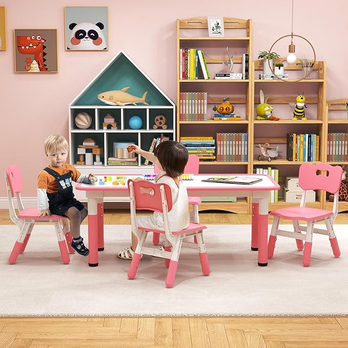 Costzon Kids Table and 4 Chair Set, Height Adjustable Toddler Desk and Chairs with Graffiti Desktop, Non-Slip Legs, Children Art Study Multi-Activity Table Set for Home, Daycare, School (Pink)