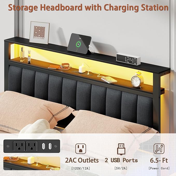 Furnulem Queen Bed Frame with Charging Station and LED Lights, Grey Upholstered Headboard with Shelves, Metal Platform Bed with 2 Under-Bed Storage (Fabric Drawer on Wheels), No Box Spring Needed