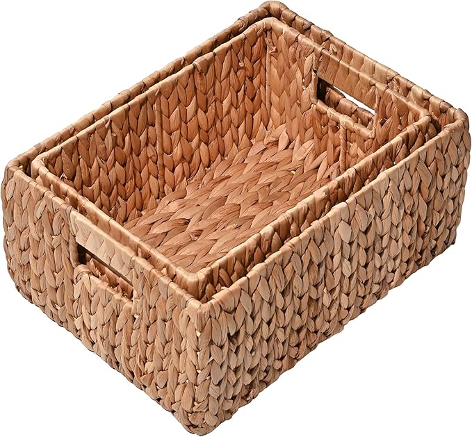 happimess BSK1008A-2SET Leif Rustic Minimalist Hand-Woven Hyacinth Nesting Wicker Storage Baskets with Handles, Seagrass Container for Decoration in Living Room, Bedroom, Entryway, Natural (Set of 2)