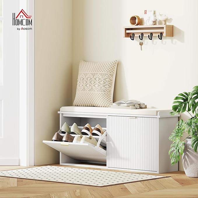 HOMCOM Shoe Bench with Padded Seat Cushion and 2 Flip-Drawers, Entryway Bench Holds up to 529lb, Shoe Cabinet, 40.9x10.2x18.7 Inches, White