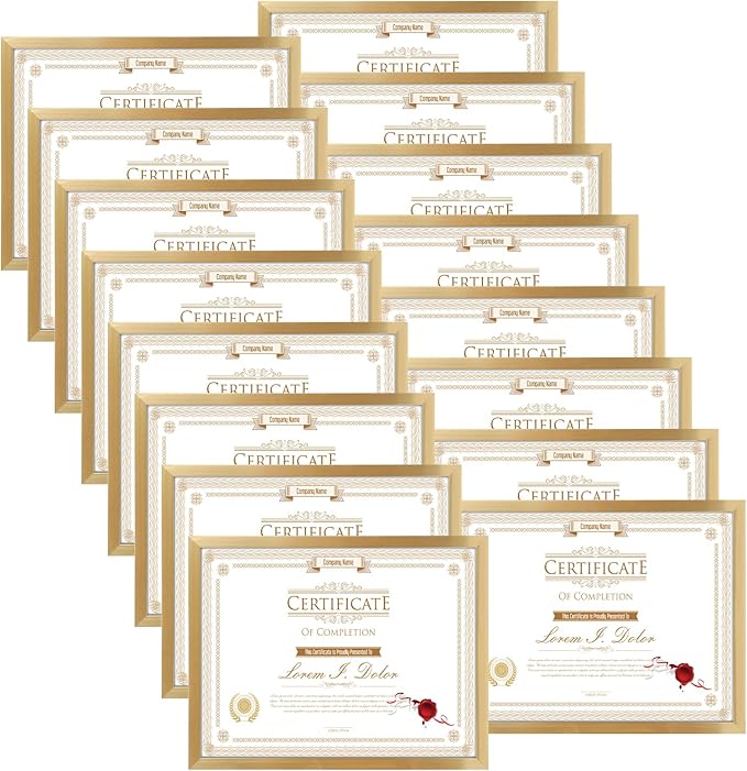 WIFTREY 16 Pack 8.5x11 Certificate Picture Frames, Multi 8.5 by 11 Photo Frame Bulk for Document Award, Wall Hanging or Tabletop Display, Gold