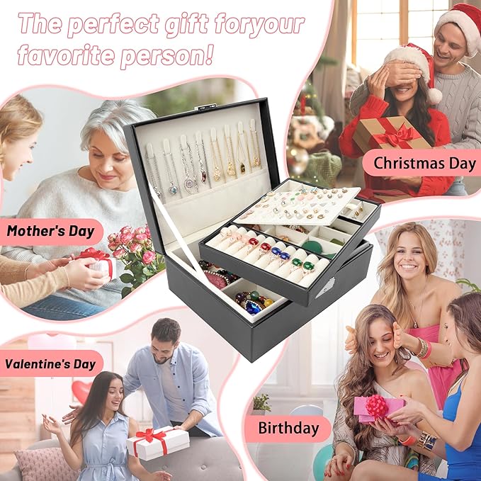 Homeanda Jewelry box 2 layer Jewelry box Leather Jewelry boxes for Women Girls Teens Jewelry organizer box Jewelry Storage box with lock(Black)