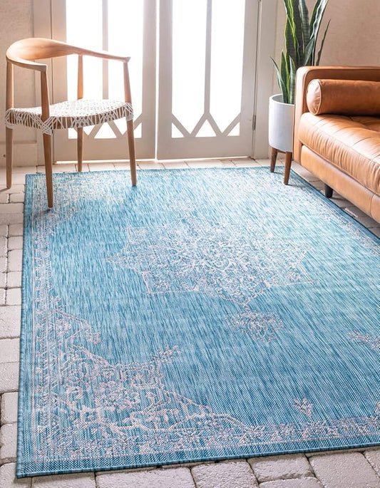 Unique Loom Outdoor Traditional Collection Area Rug - Antique (7' 1" x 10' Rectangle, Light Aqua/ Gray)