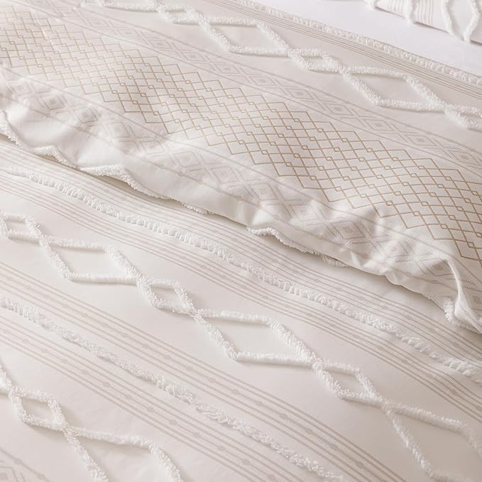 Boho Beige Comforter King Set Striped Comforter 3 Pieces Tufted Geometric Bedding Set Soft Fluffy Geometric Pattern Bedding for All Seasons