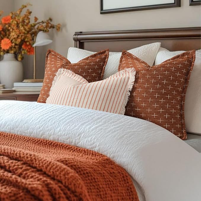 ZWJD Throw Fall Pillow Covers 26x26 Set of 2 Striped Pillow Covers with Fringe Chic Cotton Decorative Pillows Square Cushion Covers for Sofa Couch Bed Living Room Farmhouse Decor