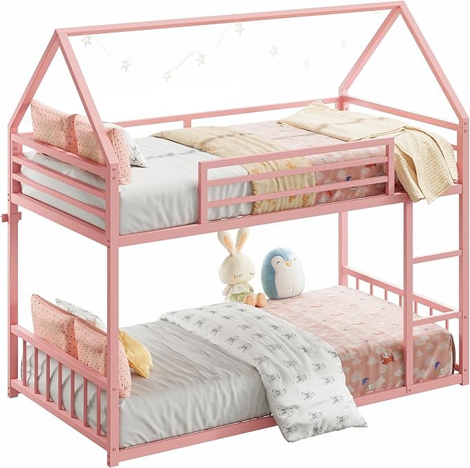 LIKIMIO Bunk Bed Twin Over Twin, House Bunk Bed Frame with Ladder and Guardrail, House Shaped with Metal Slats for Dormitory and Bedroom, Space Saving, No Box Spring Needed, Pink
