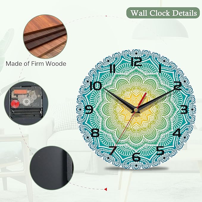 Wall Clocks Battery Operated,Blue Yellow Mandala Clock for Living Room,Decorative Wall Clock for Living Room, Bedroom, Bathroom and Kitchen,10 Inch