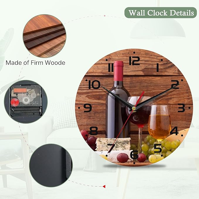 Wall Clocks,Red Wine Wood Wall Clock Decorative,Kitchen Wall Clocks Battery Operated-10 Inch Round Bathroom Wall Clock Silent Non-Ticking