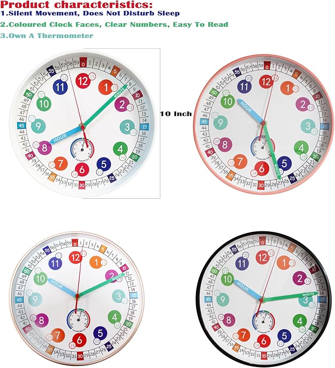 Wall Clocks,10Inch Learning Time Clock, Colorful Clock Face Silent Clocks with Simple Thermometer,Clear Digital Wall Clock (White)