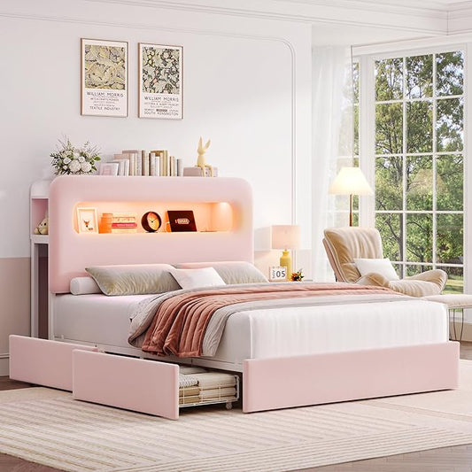 HOSTACK Queen LED Bed Frame with Storage Headboard and Charging Station, Girls Bed Frame with 4 Drawers and USB Ports, Velvet Upholstered Platform Bed Frame with Bookcase, No Box Spring Needed, Pink