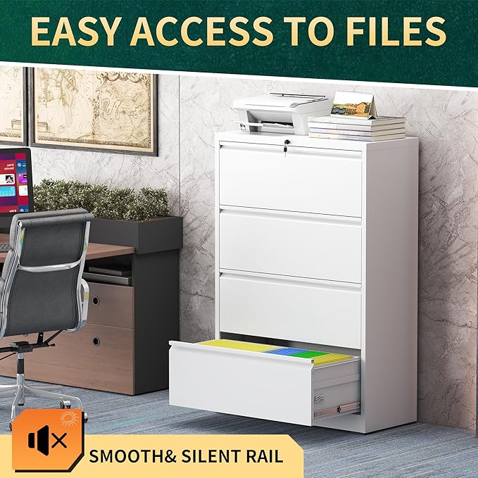 4 Drawer Lateral File Cabinet with Lock, Metal File Cabinets for Home Office, Steel Heavy-Duty Filing Storage Cabinet for Letters/Legal/A4 (Require Assembly, White)