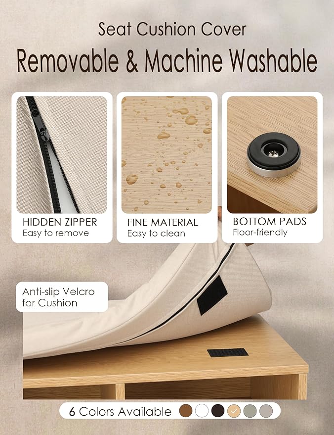 DINZI LVJ Shoe Storage Bench with Cushion, 16-Cubby Shoe Rack, Adjustable Shelves, 40.9" Long Shoe Organizer Bench for Entryway, Mudroom, Hallway, Garage, Natural and Cappuccino Beige