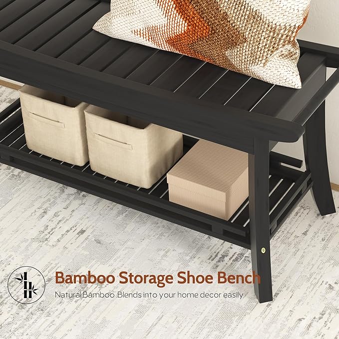 Bamboo Entryway Storage Bench with Shelves Shoe Rack Bench Seat Organizer for Porch Bedroom Bathroom Balcony 39 x 13 x 19.2 Inches Black