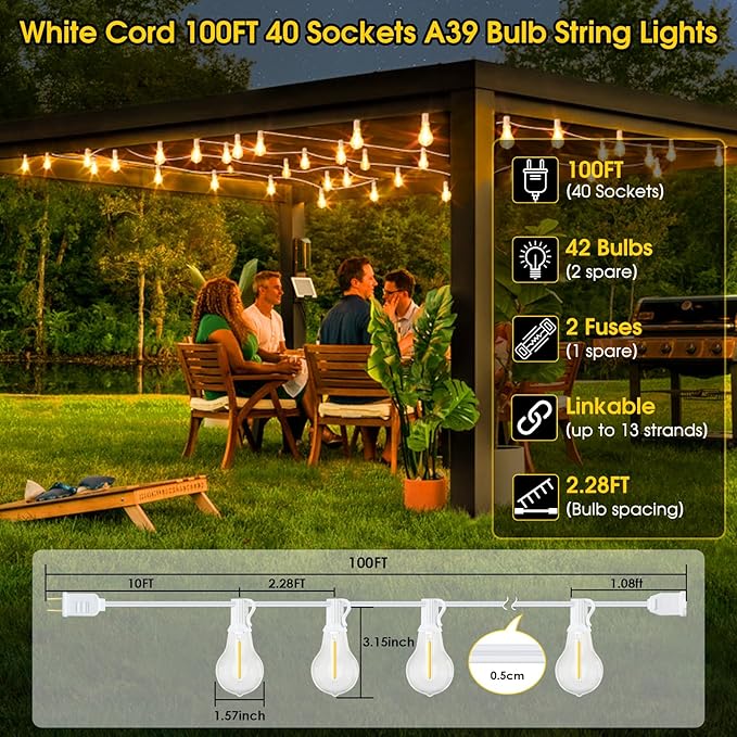 100FT Outdoor String Lights, LED Patio Lights with 42 Waterproof Shatterproof Dimmable A39 Hanging Bulbs(2 Spare) for Garden Wedding-White