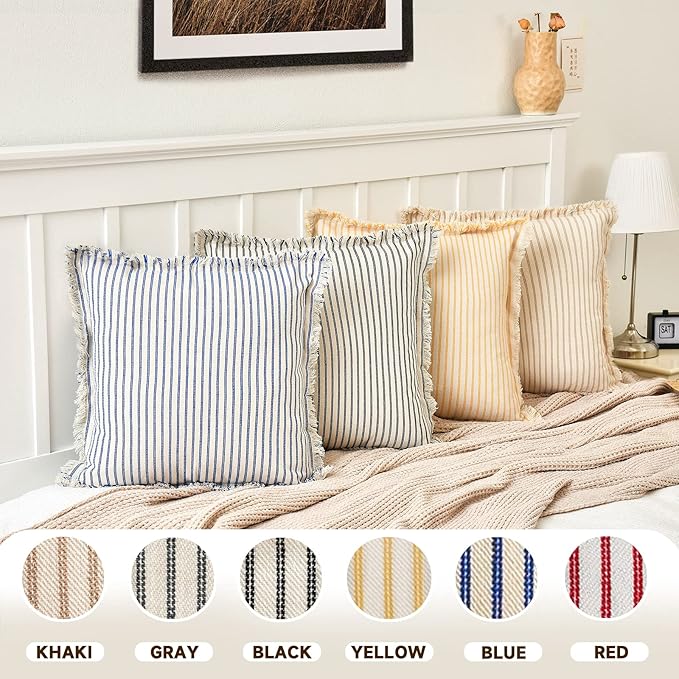 ZWJD Throw Pillow Covers 24x24 Set of 2 Blue Striped Pillow Covers with Fringe Chic Cotton Decorative Pillows Square Cushion Covers for Sofa Couch Bed Living Room Farmhouse Decor