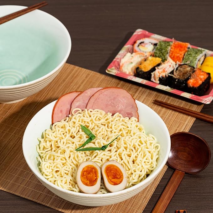 8 Inch Ceramic Ramen Bowl Set of 2, 40oz Japanese Bowls with Spoons & Chopsticks,Durable,Microwave & Dishwasher Safe,Perfect for Ramen,Pho,Salad,Soup,Noodles,Mixing bowls(Cyan Sea)