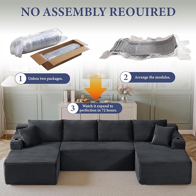 104''Sectional Cloud Couch with L Shaped Chaise,Modern Modular Sectional Sofa,Boneless Couch with Deep Seat,Comfy Couches for Living Room (Dark Grey, U Shaped)