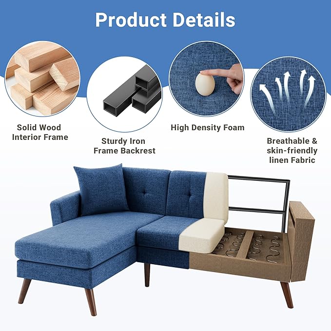 Tbfit L Shaped Couch Sofa, 80" W Mid-Century Modern Sectional Couches, 3 Seater Sofas with Wide Chaise Lounge & Two Pillows,Button Tufted Upholstered Sectional Sofa for Living Room, Bedroom, Blue
