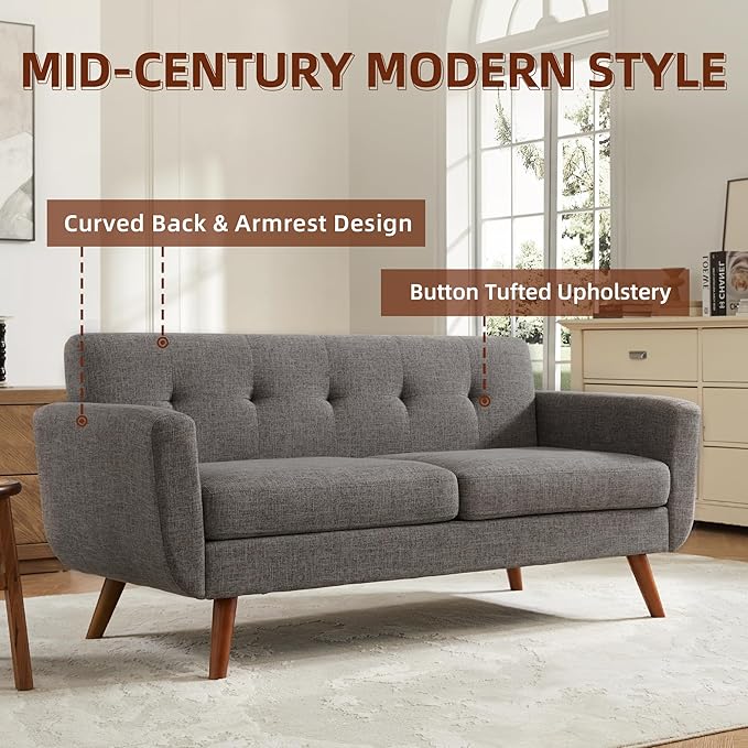 Tbfit 65" W Loveseat Sofa, Mid Century Modern Love Seat Couches for Living Room, Button Tufted Upholstered Small Couch for Bedroom, Solid and Easy to Install Love Seats Furniture, Grey