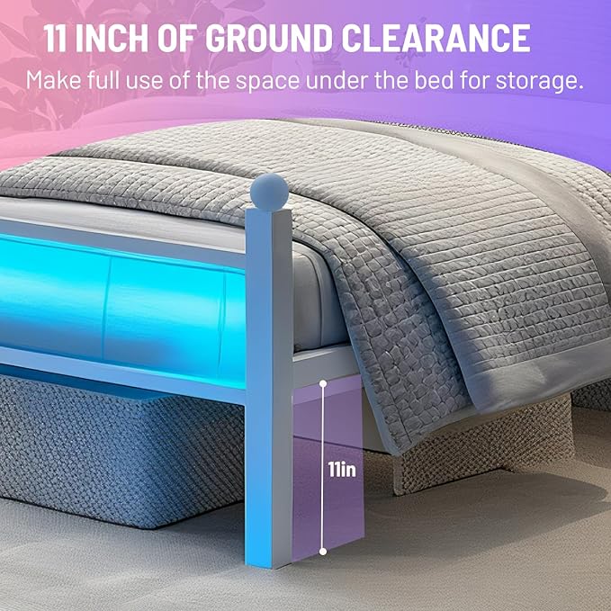 Twin Bed Frame with Headboard and Footboard,Steel Slats Support-LED Bed Frame with USB Charging Station,Mattress Foundation-Under Bed Storage,No Box Spring Needed,Noise Free,White