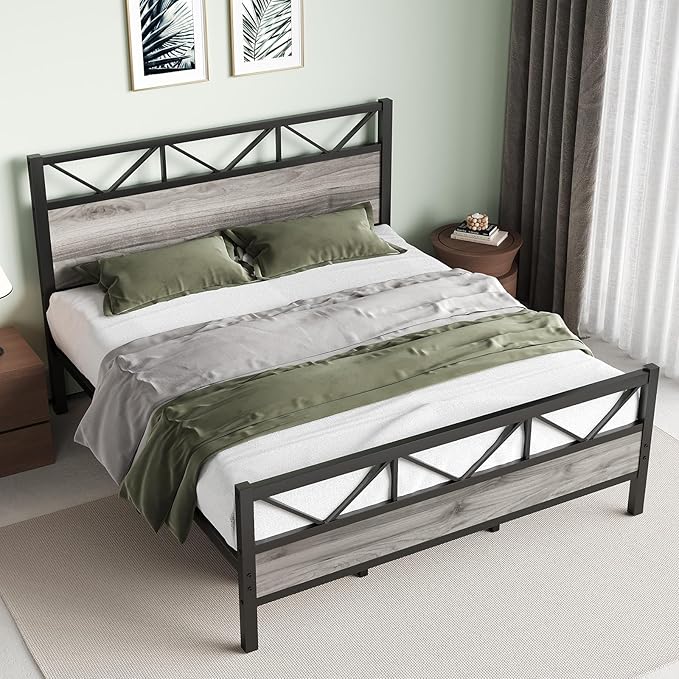 King Size Bed Frame, King Bed Frame and 51.2" Tall Industrial Headboard, King Platform Bed Frame with Strong Steel Slats Support, Noise Free, No Box Spring Needed, Easy Assembly, Rustic Brown