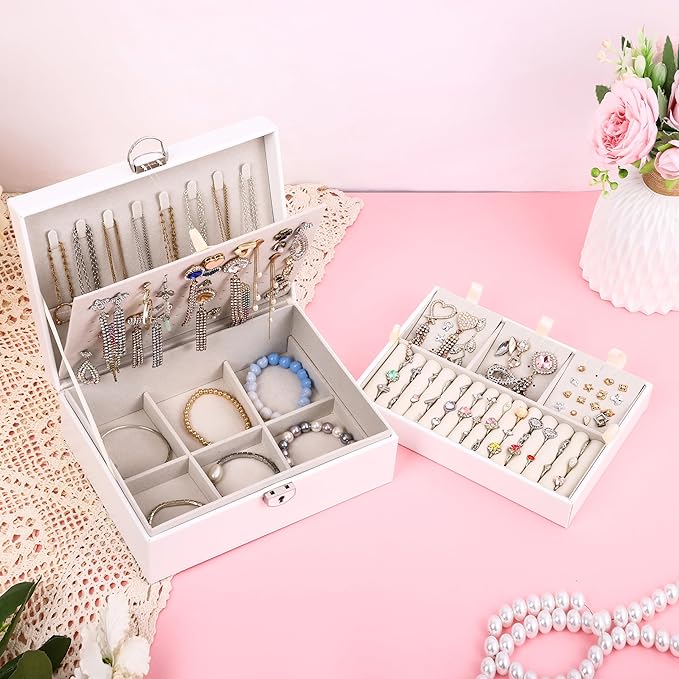 BOOVO Earring Jewelry Box For Women Girl Stud Organizer, 4 Layers Girl Jewelry Organizer Box With Lock Earring Holder Organizer Necklace Ring Jewelry Organizer Box For Girls (White, 4 layer)