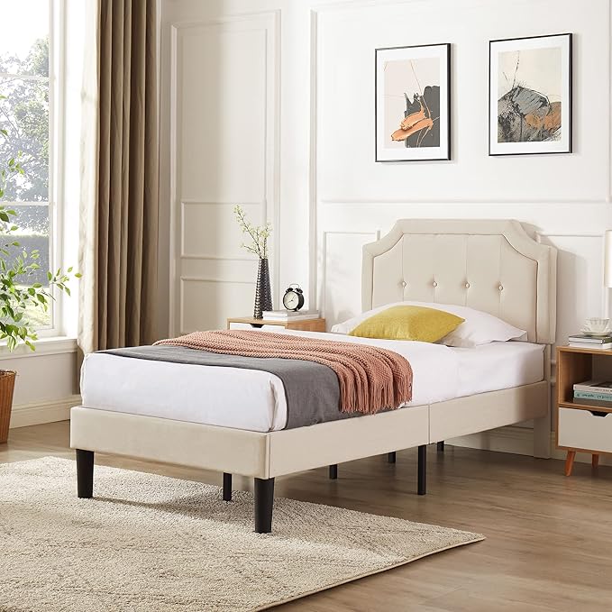 VECELO Twin Upholstered Platform Bed Frame with Adjustable Button Stitched Panel Headboard,Strong Wood Slat Support,Velcro Design,Mattress Foundation/Easy Assembly,Beige