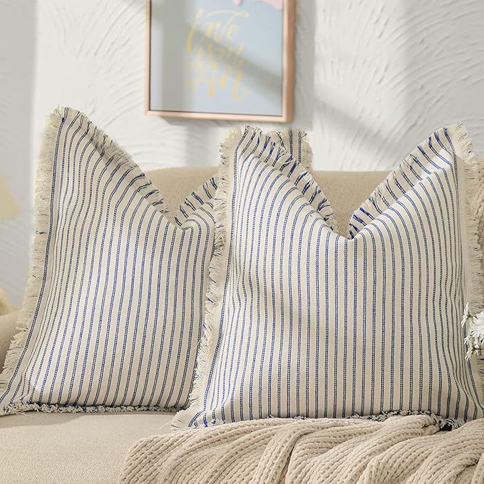 ZWJD Throw Pillow Covers 22x22 Set of 2 Striped Pillow Covers with Fringe Chic Cotton Decorative Pillows Square Cushion Covers for Sofa Couch Bed Living Room Farmhouse Decor