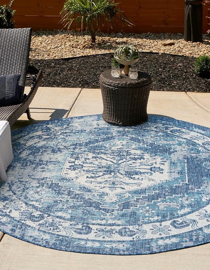 Unique Loom Outdoor Traditional Collection Area Rug - Valeria (4' 1" Round, Blue/ Ivory)