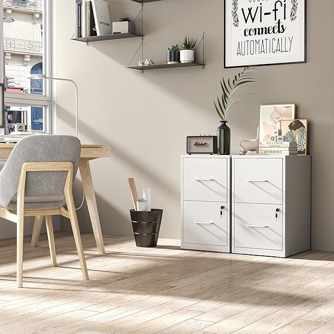 File Cabinet, Vertical File Cabinets with Lock for Home Office,Heavy Duty Office Steel Filing Cabinet for Hanging Letters/Legal/A4, Assembly Required (White, 2 Drawers-Small)