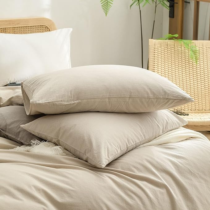 BESTOUCH Duvet Cover Set 100% Washed Cotton Linen Feel Super Soft Comfortable Chic Lightweight 3 PCs Home Bedding Set Solid Almond Milk Grey Oversized Full