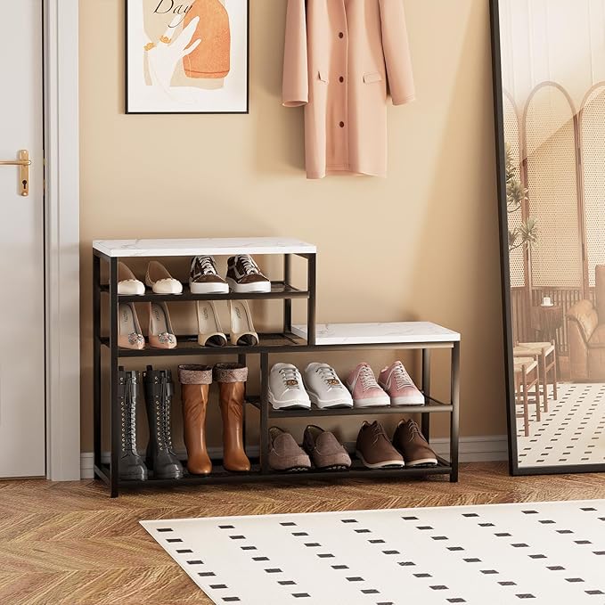 Shoe Rack Bench for Entryway,Free Standing Shoe Storage Organizer for Front Door Entrance,Boot Rack Holder Shelf for Closet with Seat,Sturdy Shoe Shelves for High Heels, Hallways,White Marble