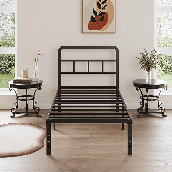 16 Inch Twin XL Bed Frame with Headboard No Box Spring Needed Metal Platform Heavy Duty Steel Slat Mattress Foundation/Easy Assembly/No Noise/Black