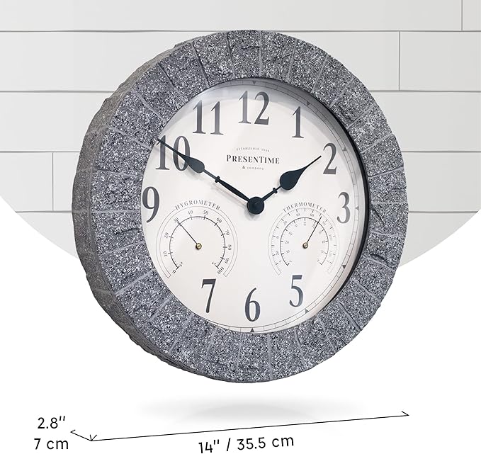 Presentime & Co Sandstone Outdoor Clock with Thermometer & Hygrometer as All in one Weather Station, 14", Gray Sandstone Finish. Weather Thermometer, Outdoor Décor, Wall Décor.